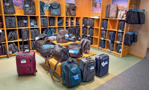 Suitcases in the Rick Steves Europe showroom in Edmonds