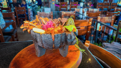 Molcajete with meat and vegetables at La Palmera
